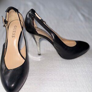 Guess Black Leather Platform Stilettos Silver Heel | Size 6M